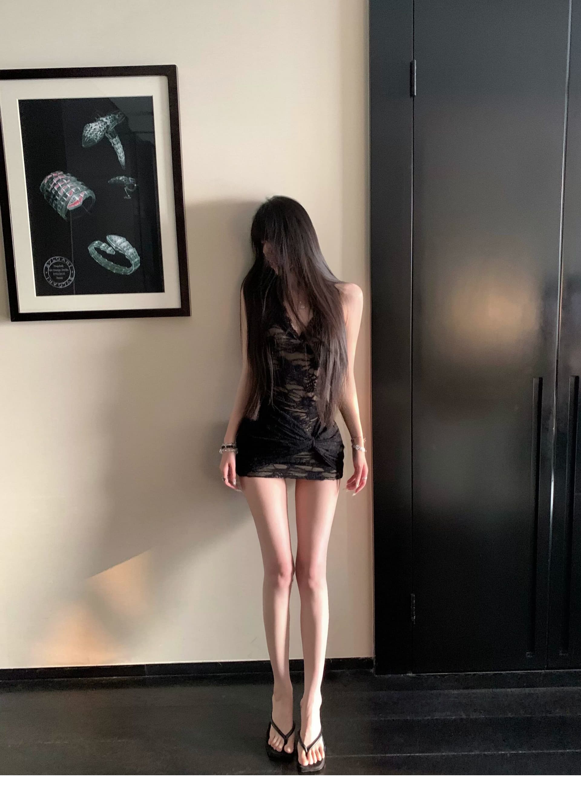 플러스 네리 순수한 욕망 레이스 매듭 섹시함 쇼트 스타일 드레스 허리 수축 핫걸 레이스업 행침 목 치마 상세 이미지 11