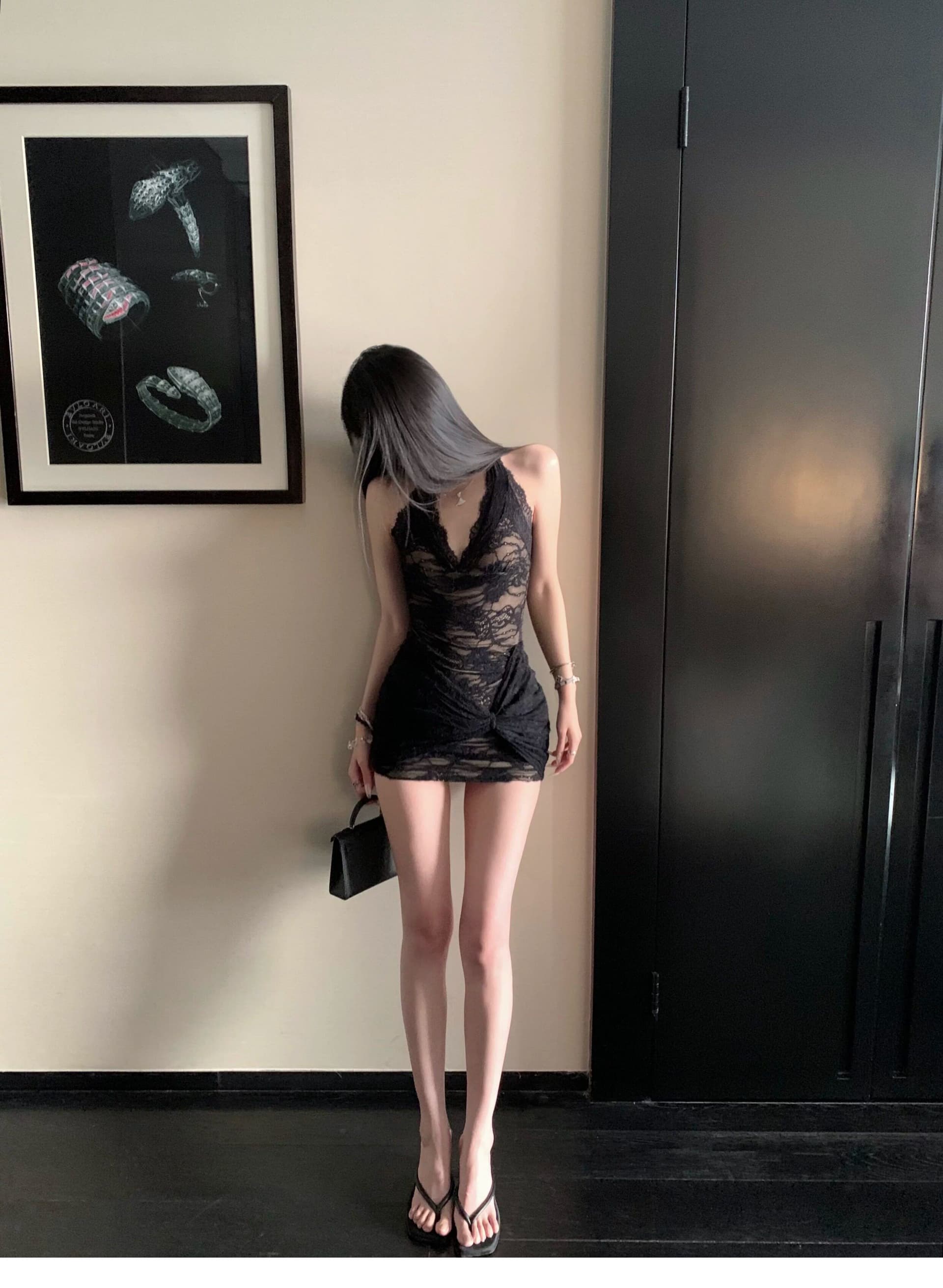 플러스 네리 순수한 욕망 레이스 매듭 섹시함 쇼트 스타일 드레스 허리 수축 핫걸 레이스업 행침 목 치마 상세 이미지 12