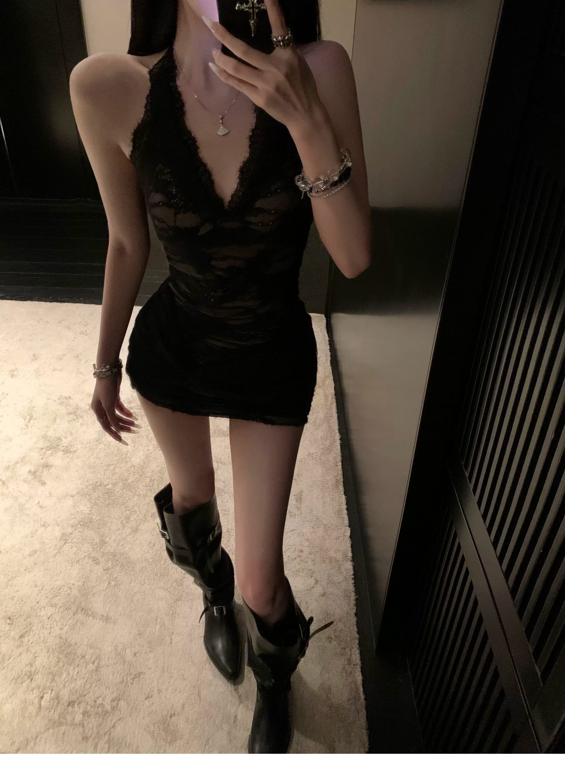 플러스 네리 순수한 욕망 레이스 매듭 섹시함 쇼트 스타일 드레스 허리 수축 핫걸 레이스업 행침 목 치마 상세 이미지 14