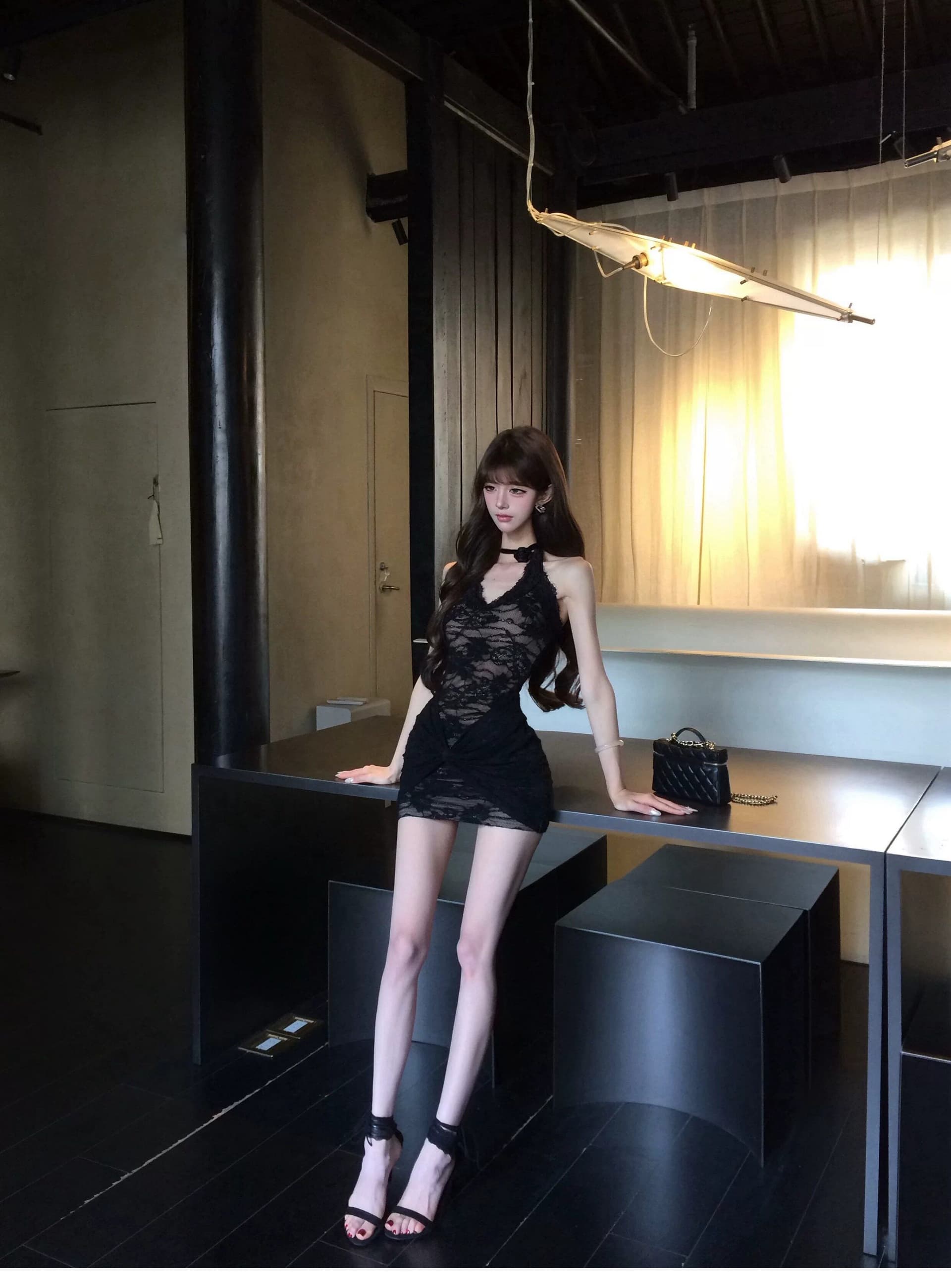 플러스 네리 순수한 욕망 레이스 매듭 섹시함 쇼트 스타일 드레스 허리 수축 핫걸 레이스업 행침 목 치마 상세 이미지 18