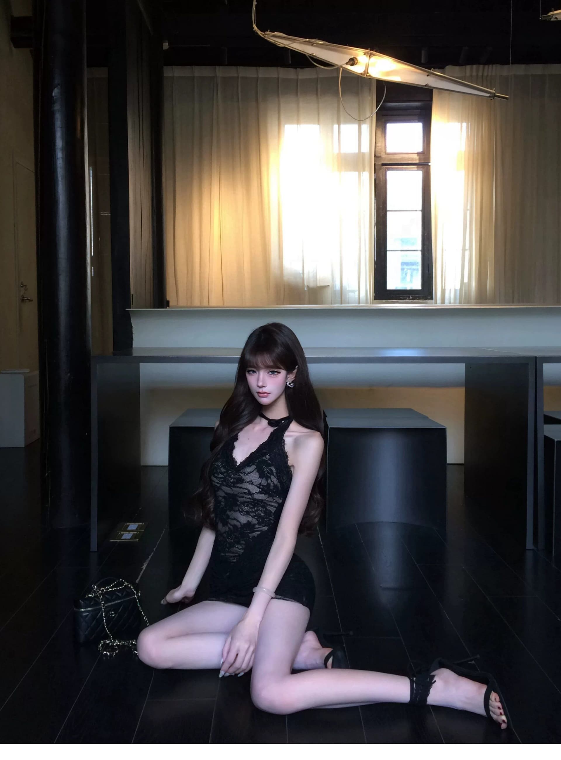 플러스 네리 순수한 욕망 레이스 매듭 섹시함 쇼트 스타일 드레스 허리 수축 핫걸 레이스업 행침 목 치마 상세 이미지 22