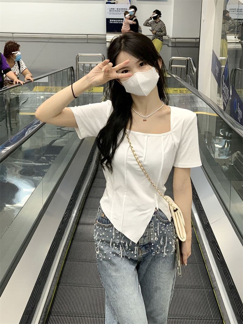 검정색 광장 칼라 긍정적 인 어깨 반팔 티셔츠 여성 여름 디자인 센스 작은 대중 핫걸 슬림해 보이는 불규칙 맨위 이미지 4