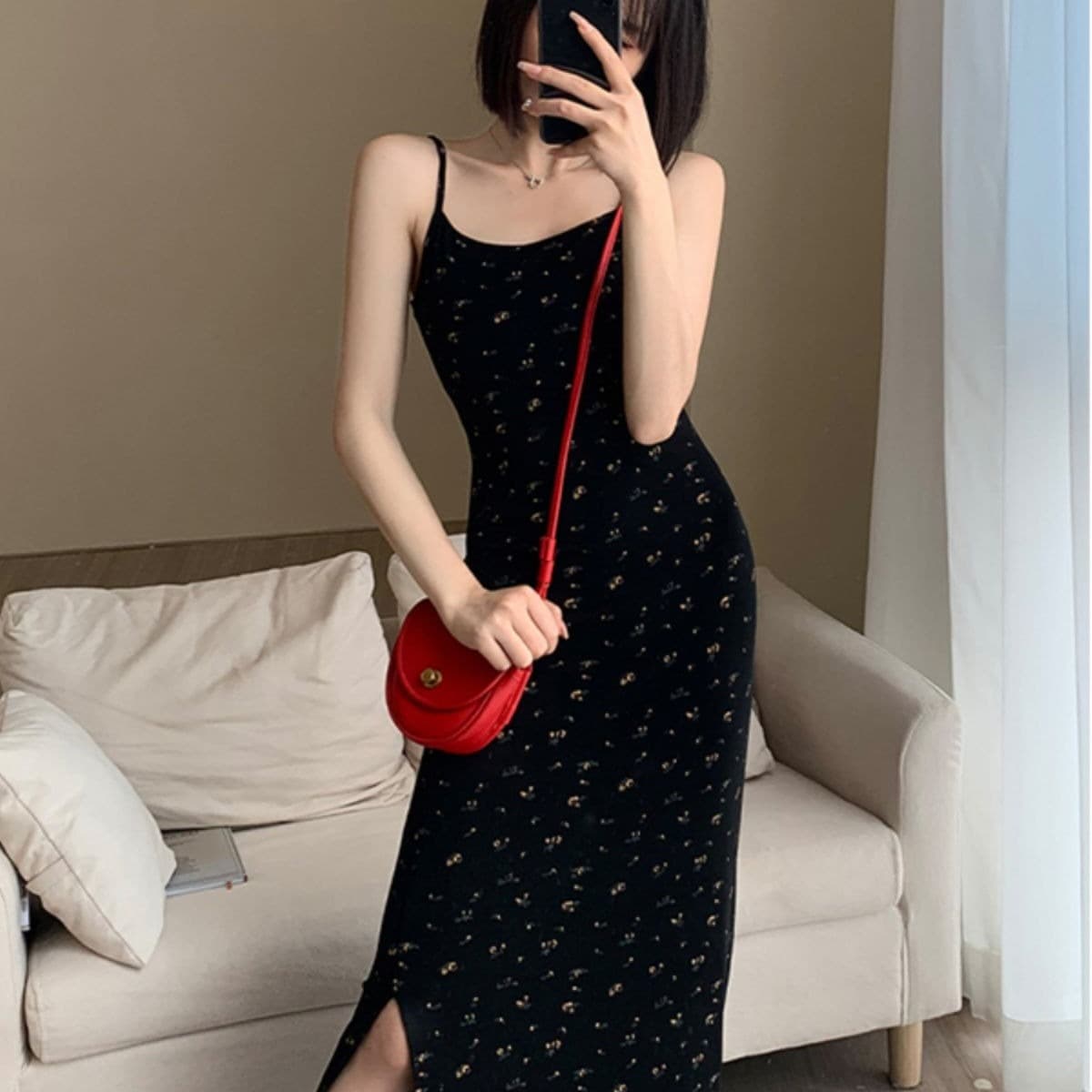 프랑스식 검정색 꽃무늬 슬립 여성 드레스 여름 새로운 몸매 가꾸기 슬림해 보이는 트임 한 마디 타이트 스커트 롱 스커트 이미지 5