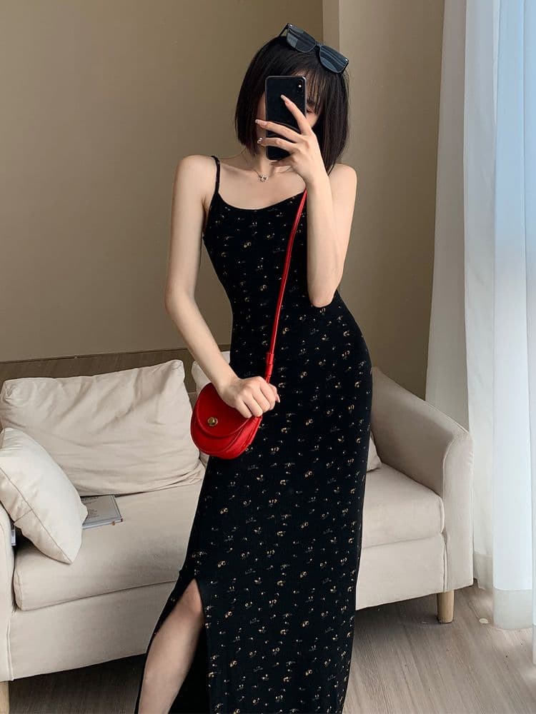 프랑스식 검정색 꽃무늬 슬립 여성 드레스 여름 새로운 몸매 가꾸기 슬림해 보이는 트임 한 마디 타이트 스커트 롱 스커트 상세 이미지 3