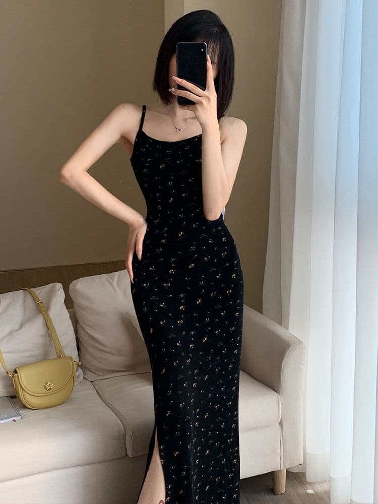 프랑스식 검정색 꽃무늬 슬립 여성 드레스 여름 새로운 몸매 가꾸기 슬림해 보이는 트임 한 마디 타이트 스커트 롱 스커트 상세 이미지 4