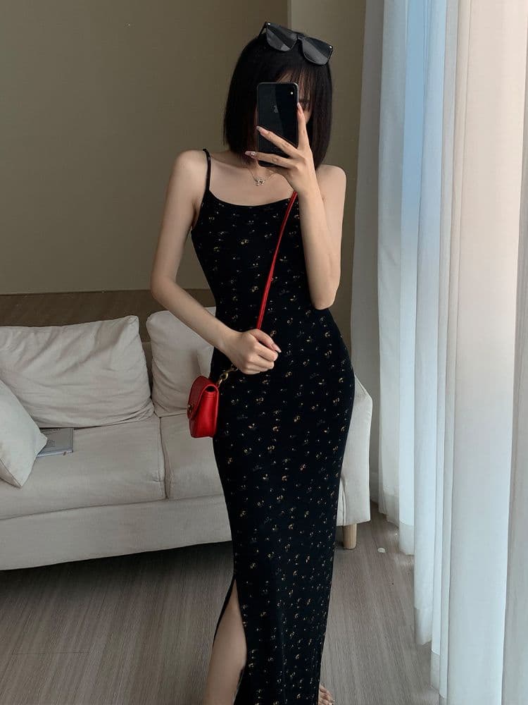 프랑스식 검정색 꽃무늬 슬립 여성 드레스 여름 새로운 몸매 가꾸기 슬림해 보이는 트임 한 마디 타이트 스커트 롱 스커트 상세 이미지 6