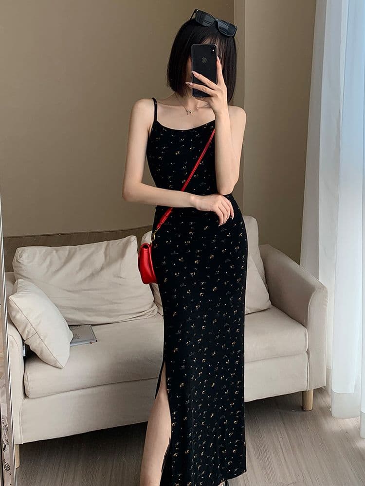 프랑스식 검정색 꽃무늬 슬립 여성 드레스 여름 새로운 몸매 가꾸기 슬림해 보이는 트임 한 마디 타이트 스커트 롱 스커트 상세 이미지 7