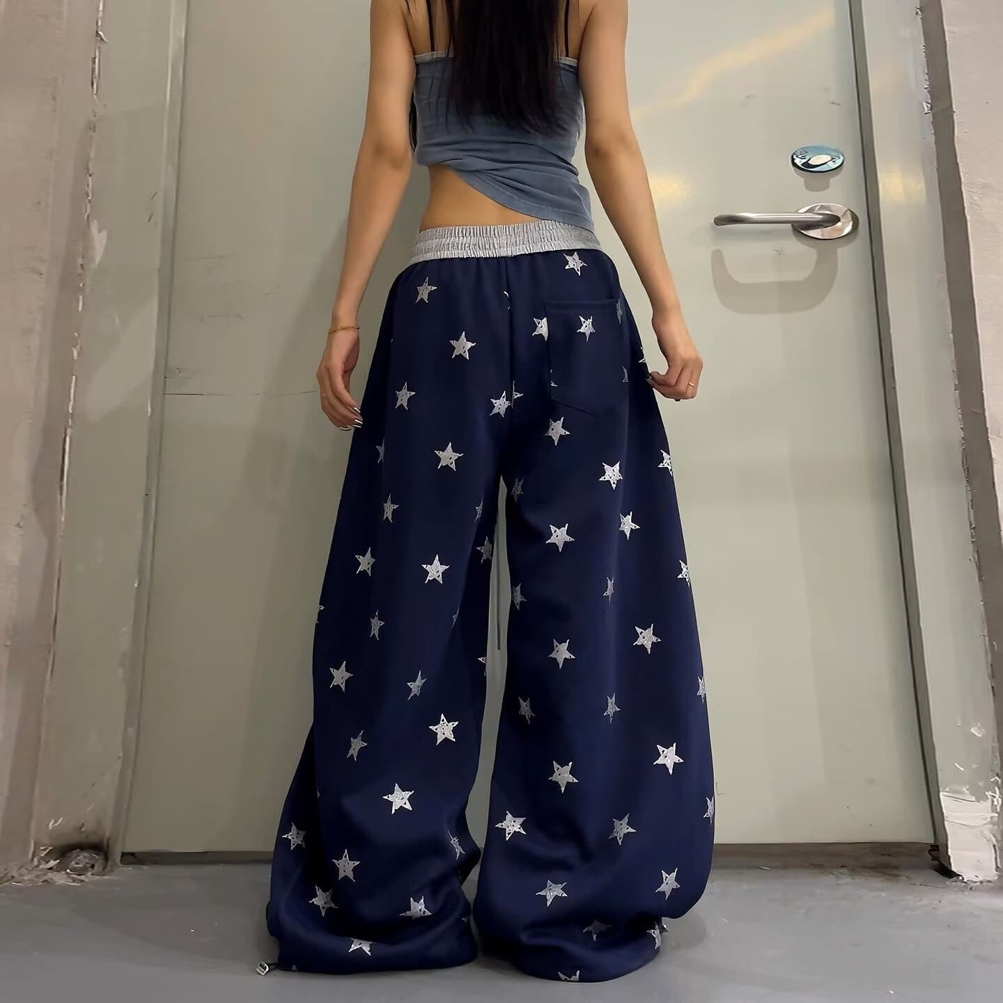 아메리칸 레트로 배색 별 모통이 칼 웨이 바지 남녀 재즈 댄스 루즈핏 와이드 레그 팬츠 캐주얼 바지 디자인 센스 바지 이미지 2