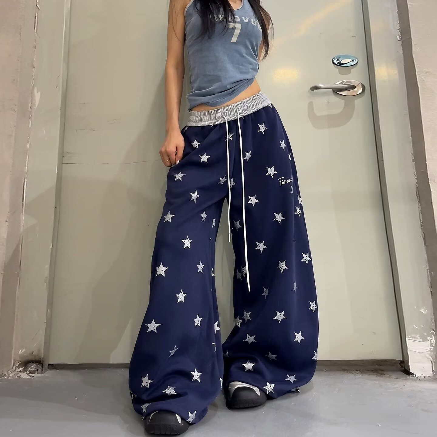 아메리칸 레트로 배색 별 모통이 칼 웨이 바지 남녀 재즈 댄스 루즈핏 와이드 레그 팬츠 캐주얼 바지 디자인 센스 바지