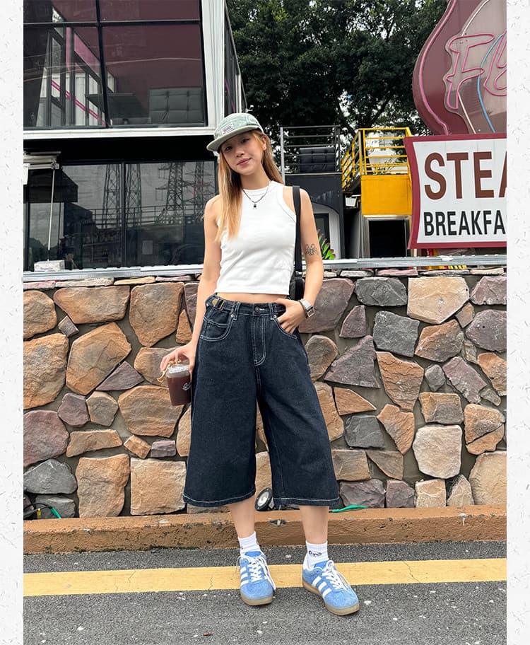 레트로 진한 파란색 넓은 다리 데님 7부 바지 여성 2026 봄 아모이 루즈핏 스트레이트 팬츠 슬림해 보이는 바지 상세 이미지 10