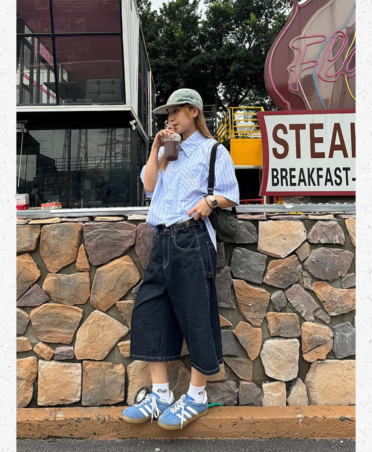 레트로 진한 파란색 넓은 다리 데님 7부 바지 여성 2026 봄 아모이 루즈핏 스트레이트 팬츠 슬림해 보이는 바지 상세 이미지 16