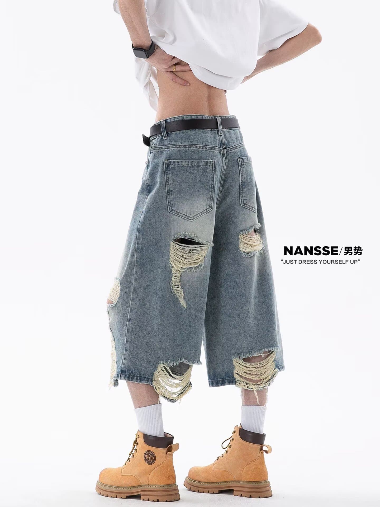 아메리칸 레트로 하이웨이스트 찢어진 부분 청바지 여름 높음 거리 디자인 센스 루즈핏 슬림해 보이는 도루 센스 넓은 다리 7부 바지 상세 이미지 1