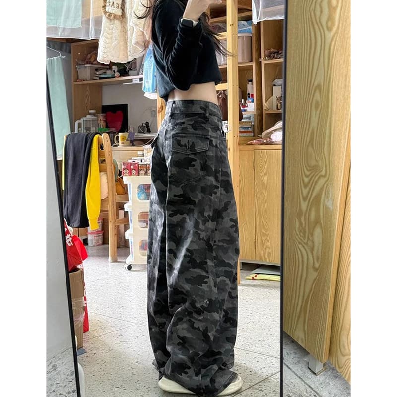 웃음 하 트렌드 카모플라주 워크웨어 넓은 다리 청바지 여성 봄 가을 새로운 도루 센스 개성 패션 바닥 청소 청바지 이미지 2