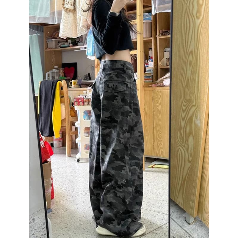 웃음 하 트렌드 카모플라주 워크웨어 넓은 다리 청바지 여성 봄 가을 새로운 도루 센스 개성 패션 바닥 청소 청바지