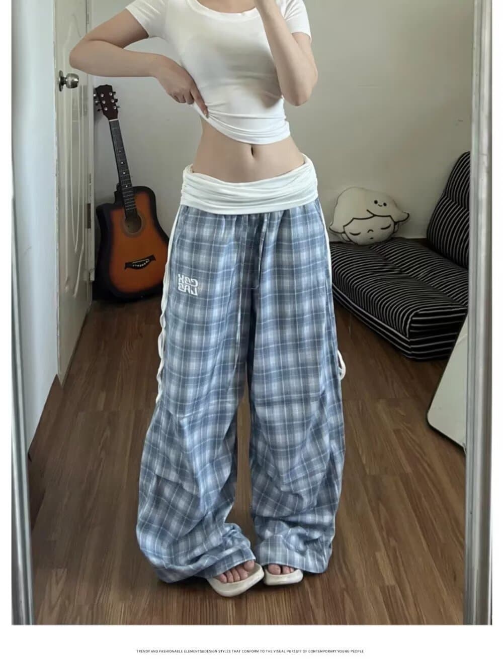파란색 뒤집다 허리 패치워크 체크무늬 와이드 레깅스 바지 여름 새로운 스트레이트 캐주얼 바지 하이웨이스트 도루 센스 운동 바닥 청소 바지 상세 이미지 4