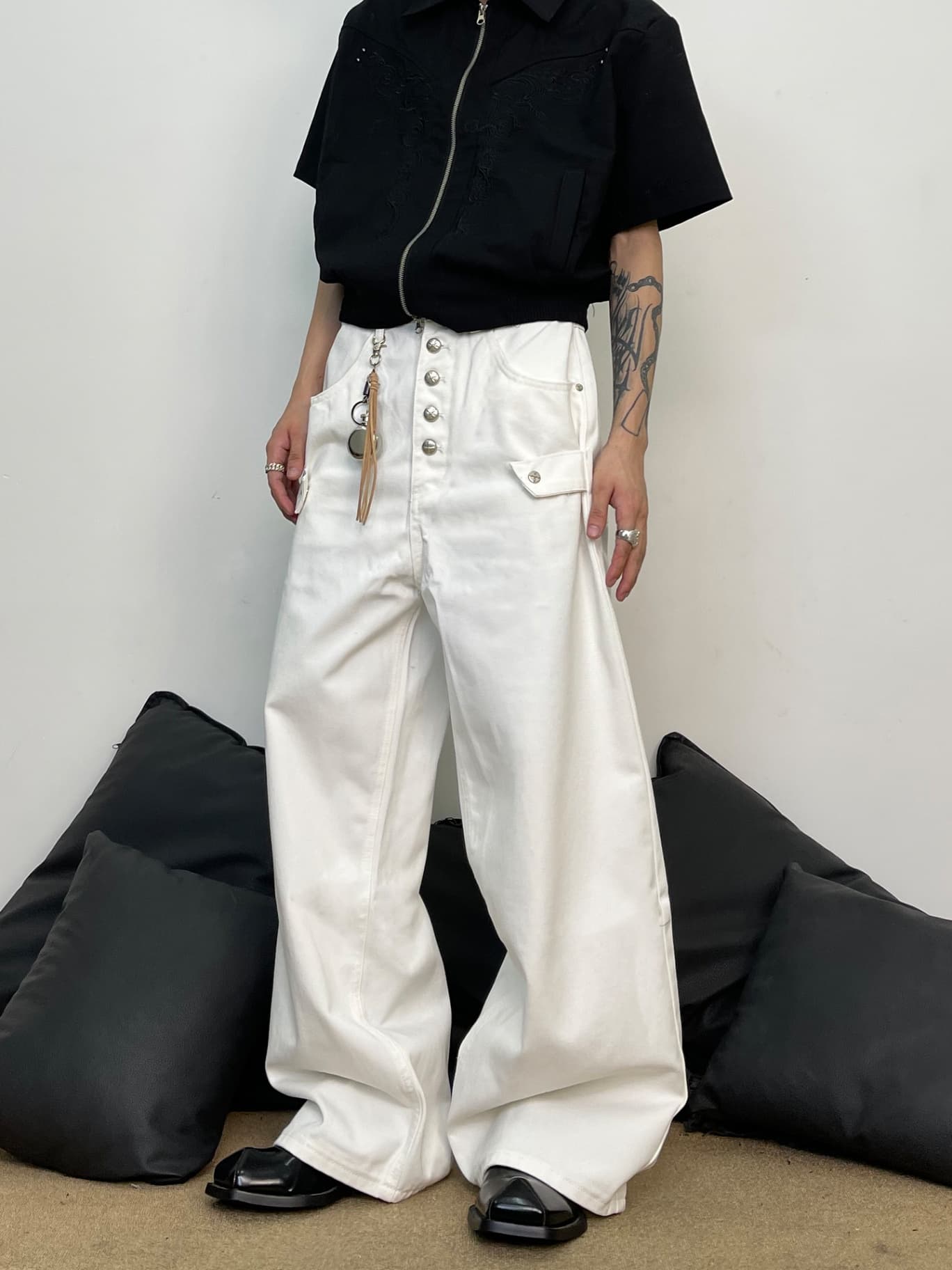 아메리칸 레트로 화이트 넓은 다리 모통이 칼 청바지 남녀 프로필 모양 루즈핏 스트레이트 낫 바지 상세 이미지 5