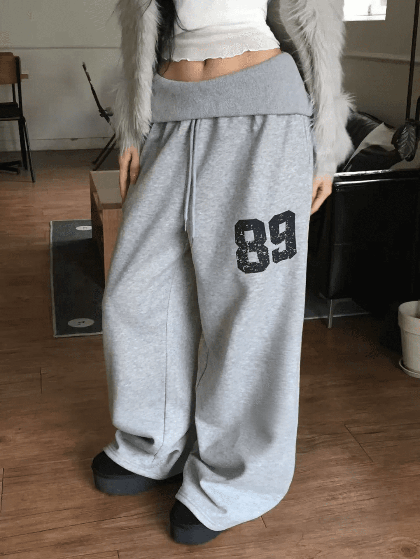 2026 한 부서 레트로 빛 아시아 인 캐주얼 뒤집다 측면 89 루즈핏 캐주얼 다용도 허리밴드 와이드 레깅스 바지 새로운 상세 이미지 4