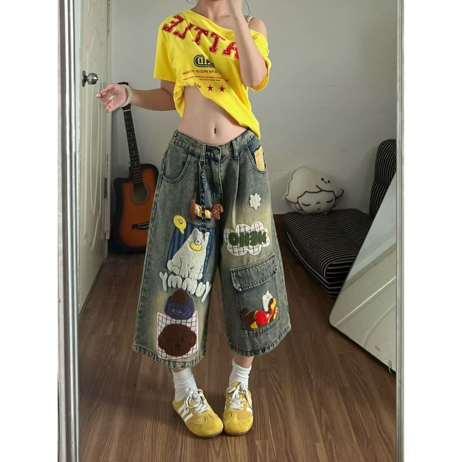 아메리칸 낙서 프린트 데님 반바지 남녀 여름 루즈핏 스트레이트 6 점 바지 트렌디 새로운 중 바지 이미지 2