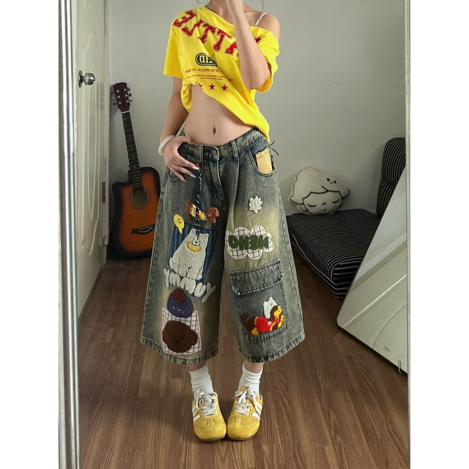 아메리칸 낙서 프린트 데님 반바지 남녀 여름 루즈핏 스트레이트 6 점 바지 트렌디 새로운 중 바지 이미지 4