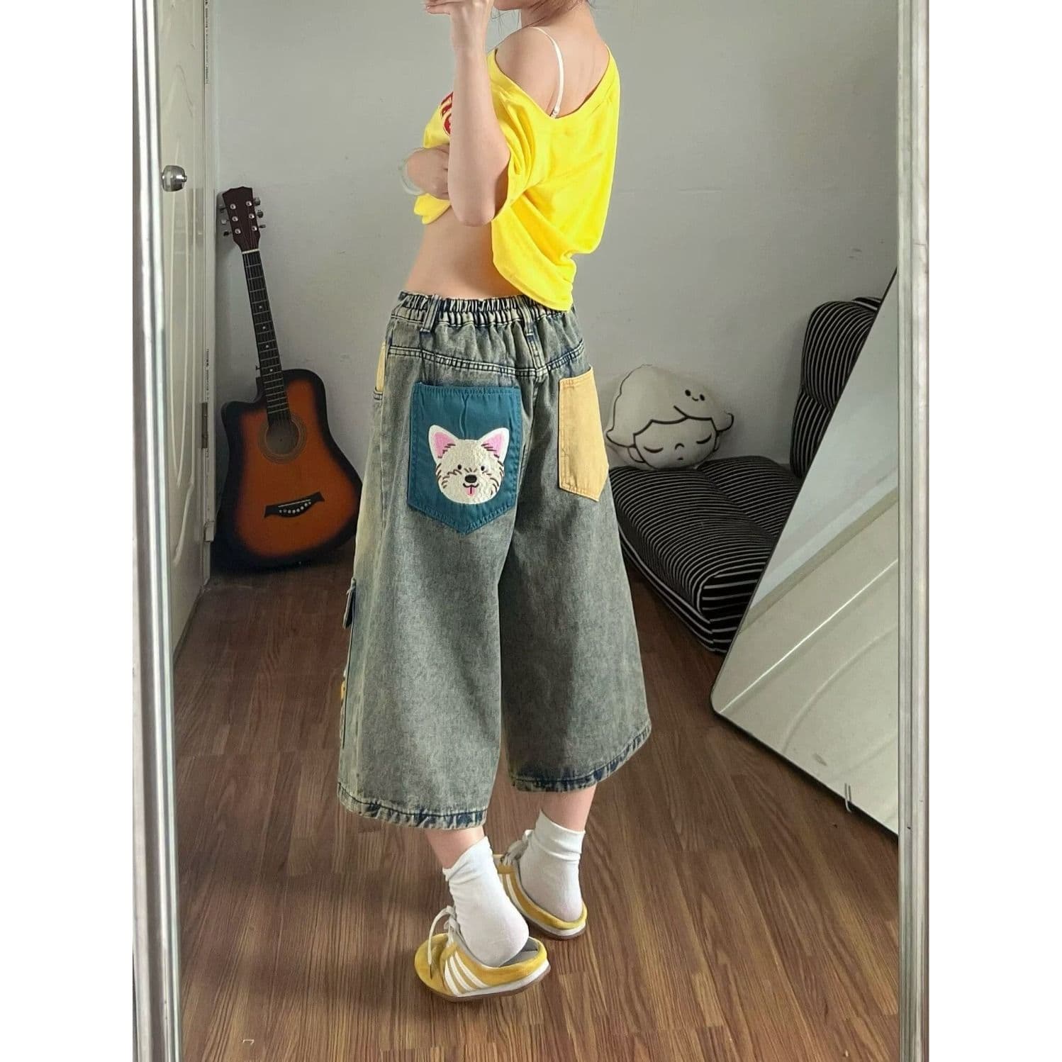 아메리칸 낙서 프린트 데님 반바지 남녀 여름 루즈핏 스트레이트 6 점 바지 트렌디 새로운 중 바지 이미지 5