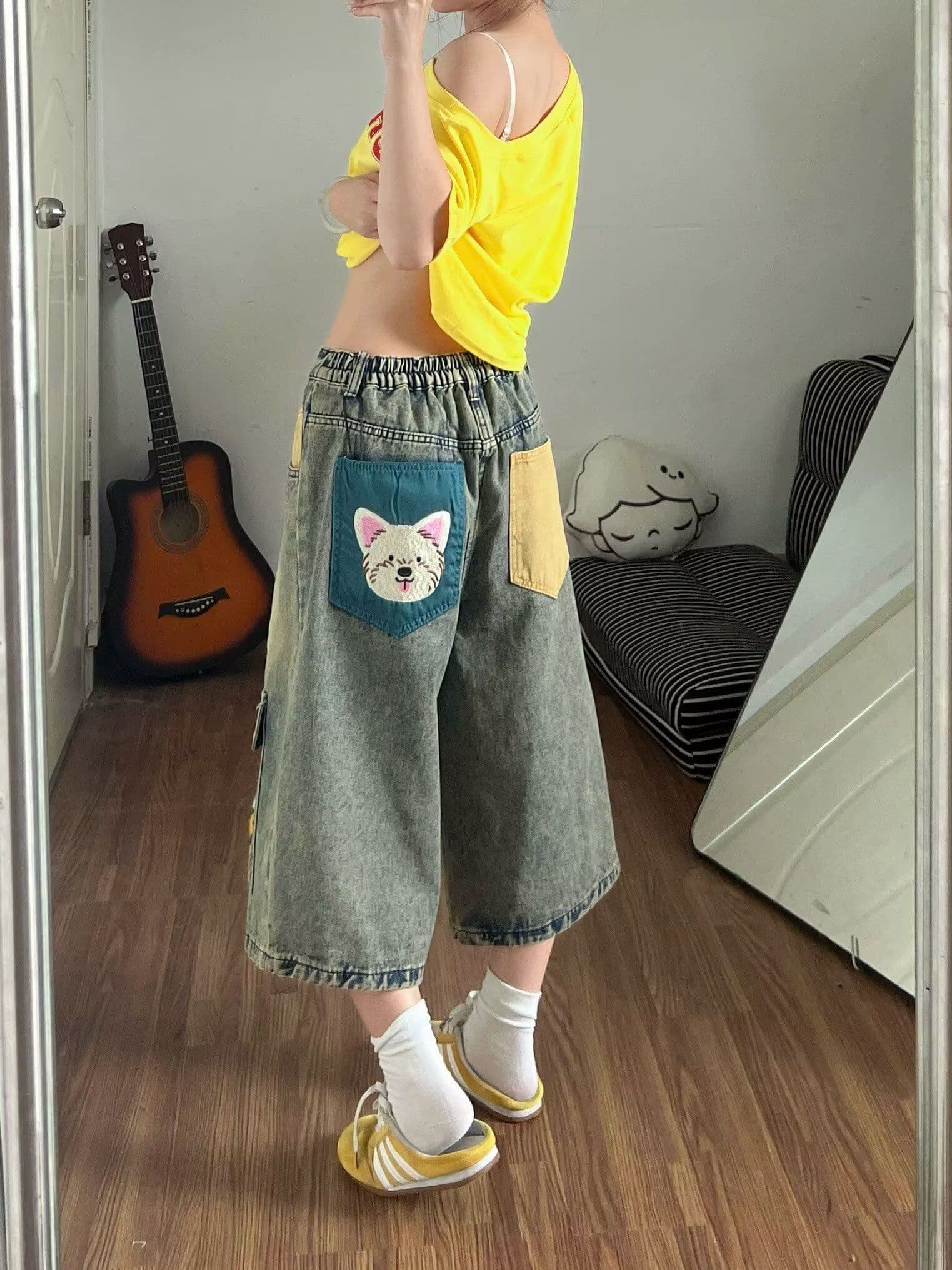 아메리칸 낙서 프린트 데님 반바지 남녀 여름 루즈핏 스트레이트 6 점 바지 트렌디 새로운 중 바지 상세 이미지 5