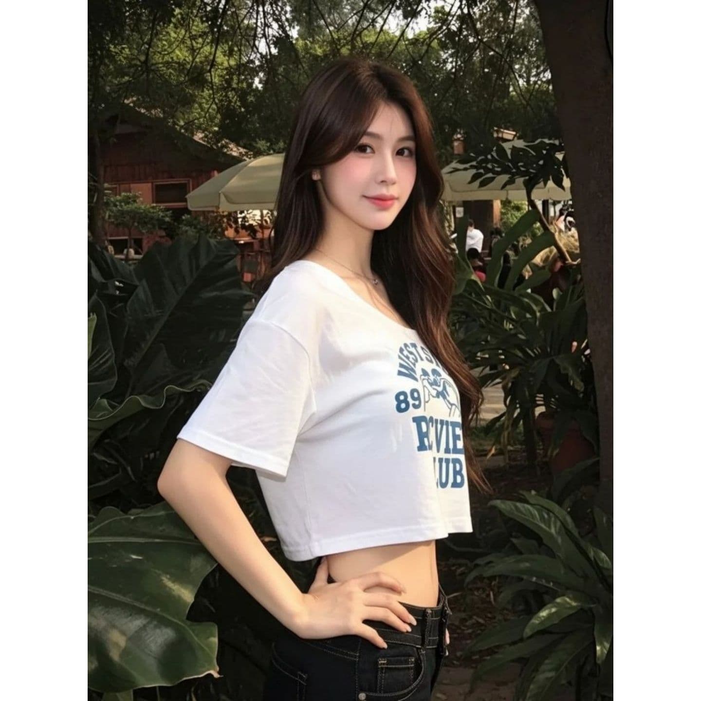 경관 그림 40 순면 리브 210 그램 1 1 아메리칸 알파벳 프린트 비스듬한 칼라 오프숄더 반팔 티셔츠 여성 이미지 2