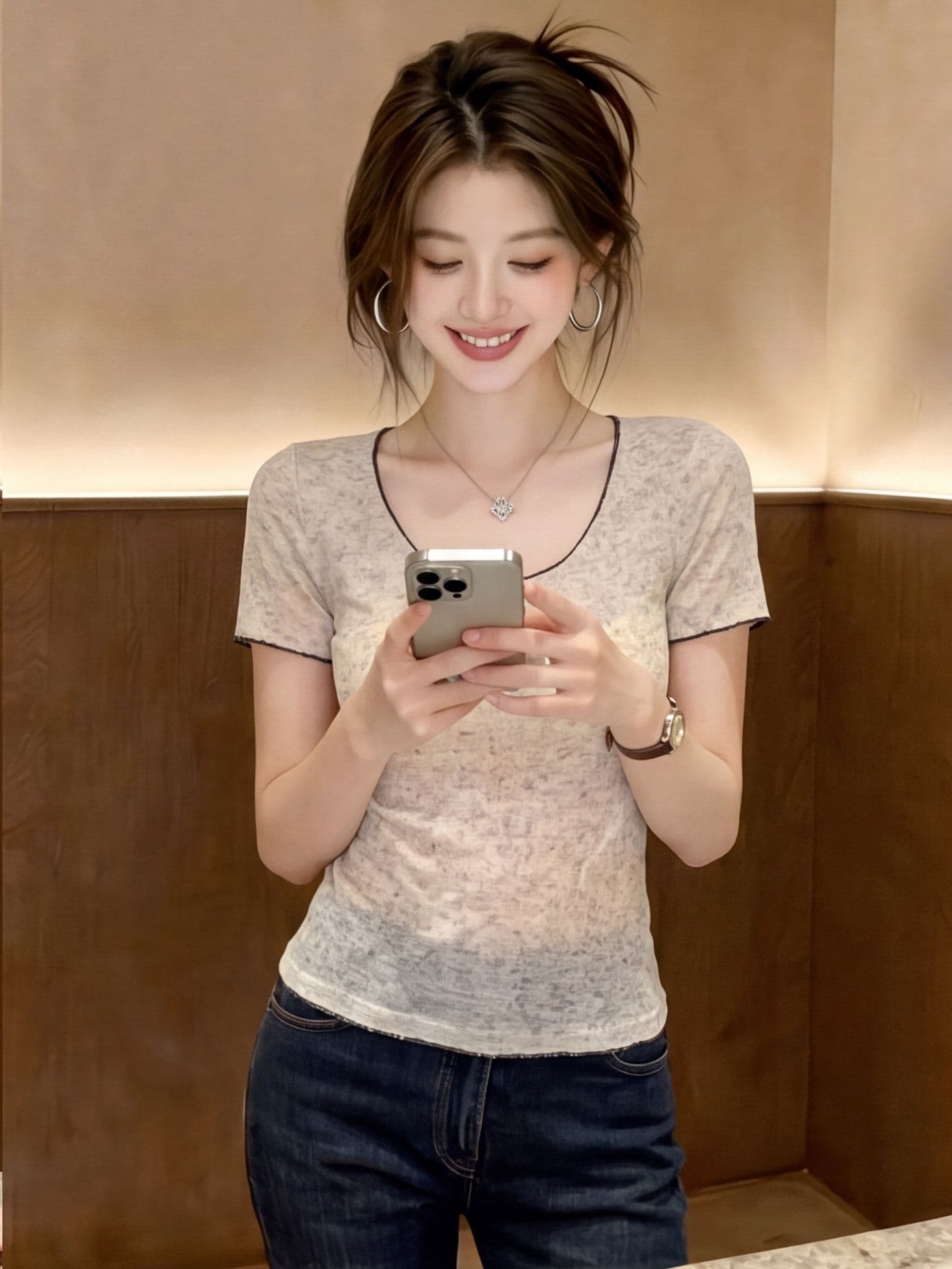 한국 눈꽃 마 배색 얇은 스타일 긍정적 인 어깨 u 칼라 반팔 티셔츠 여름 순수한 욕망 몸매 가꾸기 풀오버 기본 셔츠 맨위 상세 이미지 7