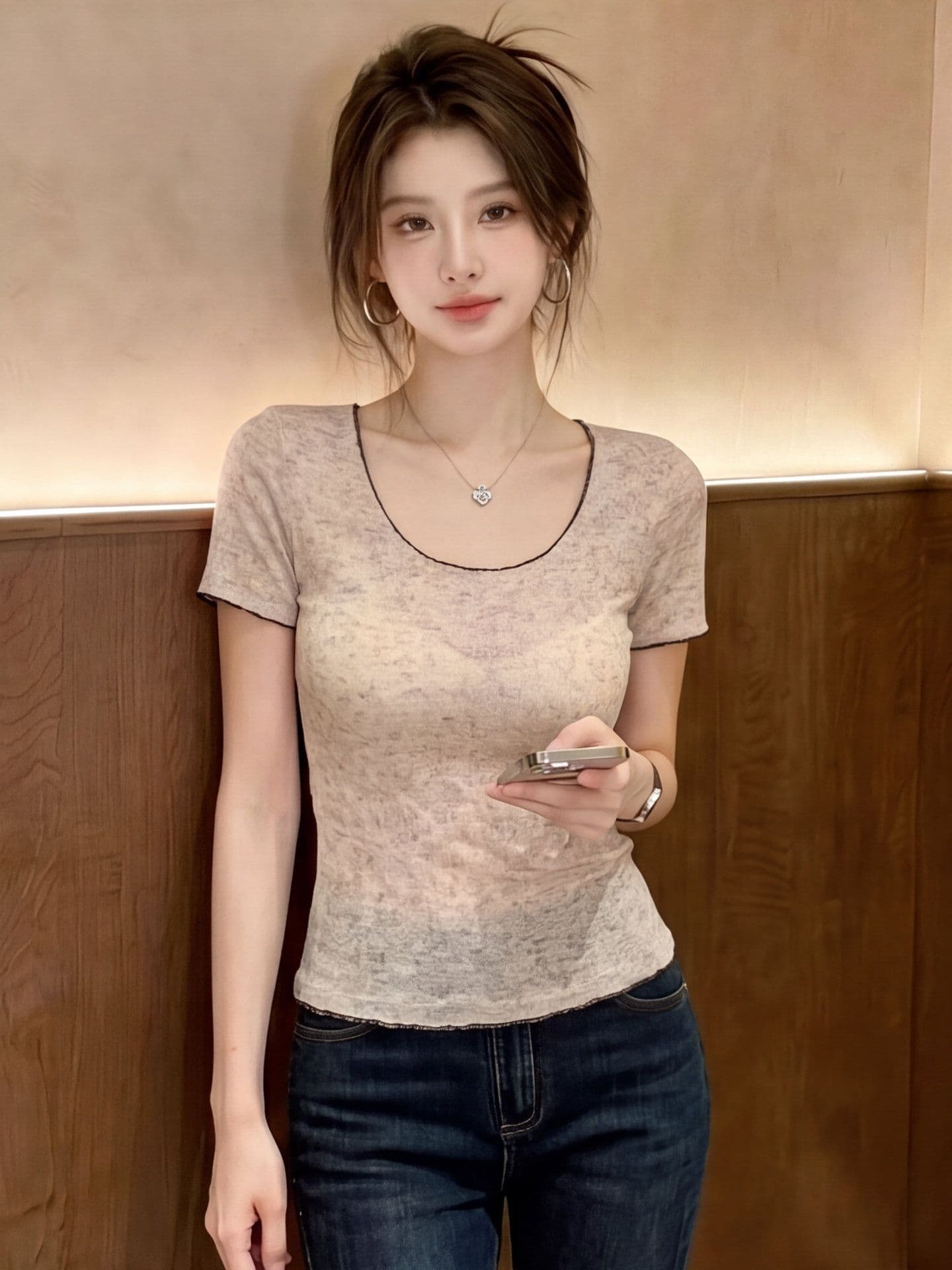 한국 눈꽃 마 배색 얇은 스타일 긍정적 인 어깨 u 칼라 반팔 티셔츠 여름 순수한 욕망 몸매 가꾸기 풀오버 기본 셔츠 맨위 상세 이미지 8