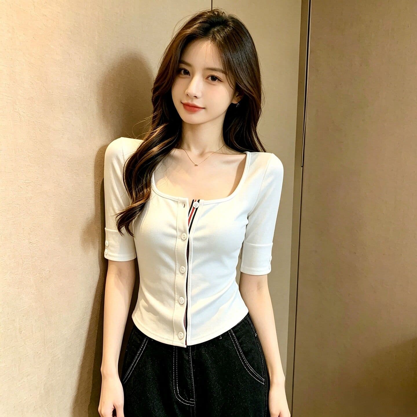 사람들 면 2 2 화이트 u 칼라 긍정적 인 어깨 중간 소매 티셔츠 여성 여름 몸매 가꾸기 배색 디자인 센스 오픈 가디건 쇼트 스타일 맨위 상세 이미지 5