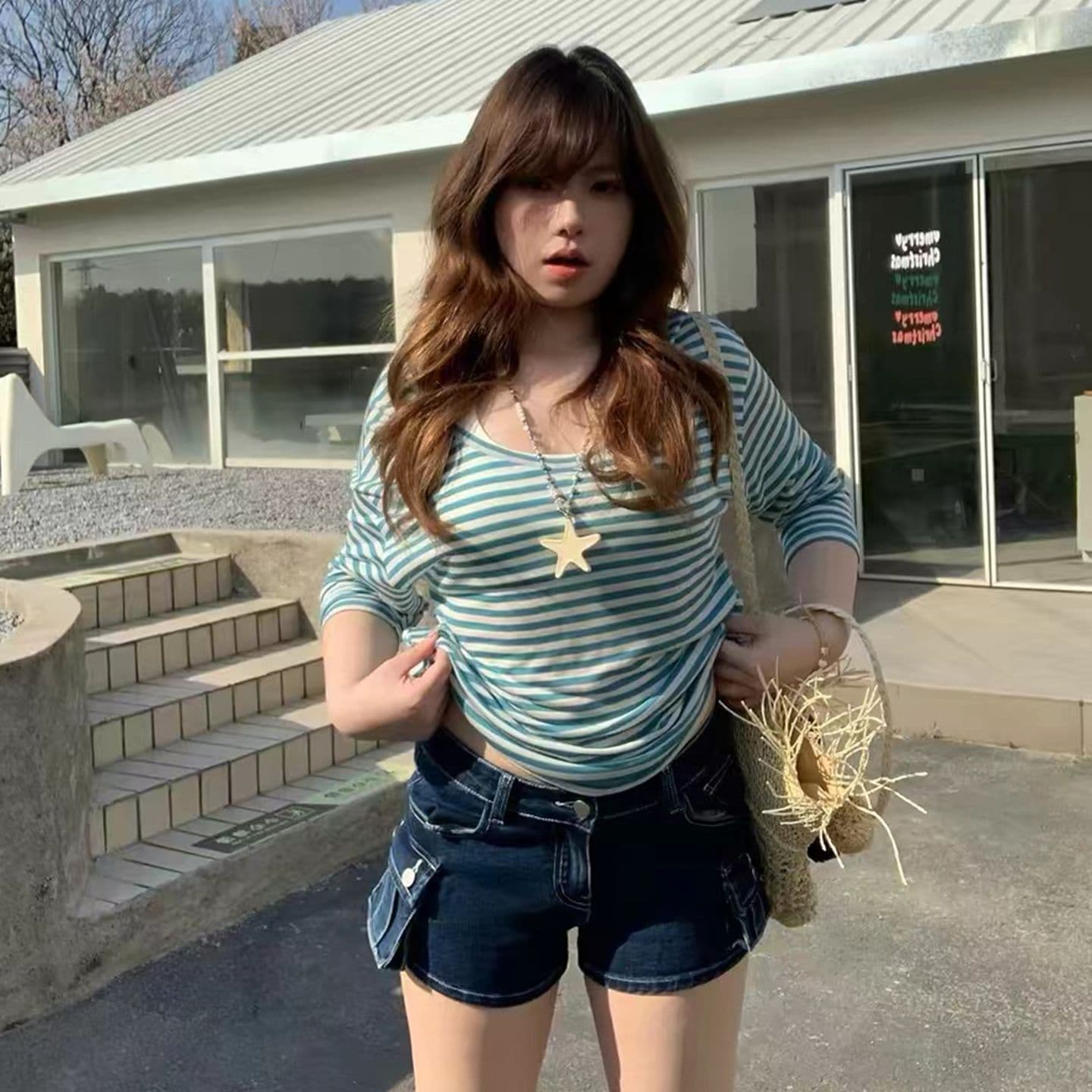 디자인 센스 마 오래된 로우 웨이스트 주머니 데님 반바지 이미지 4