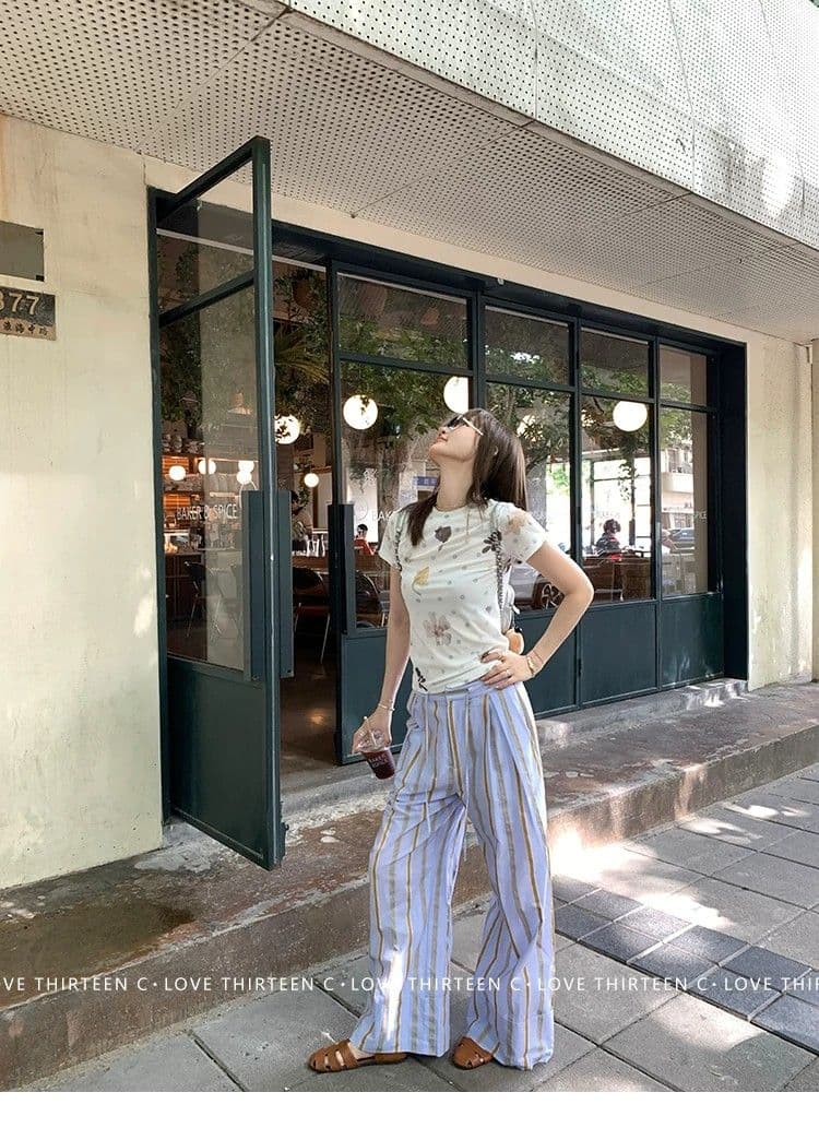 꽃무늬 도트 무늬 망사 라운드 넥 긍정적 인 어깨 몸매 가꾸기 티셔츠 반팔 맨위 상세 이미지 6