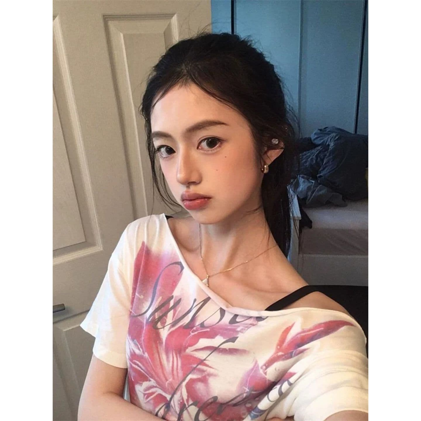 달콤함 소녀 오프숄더 티셔츠 여성 프린트 반팔 맨위 이미지 5