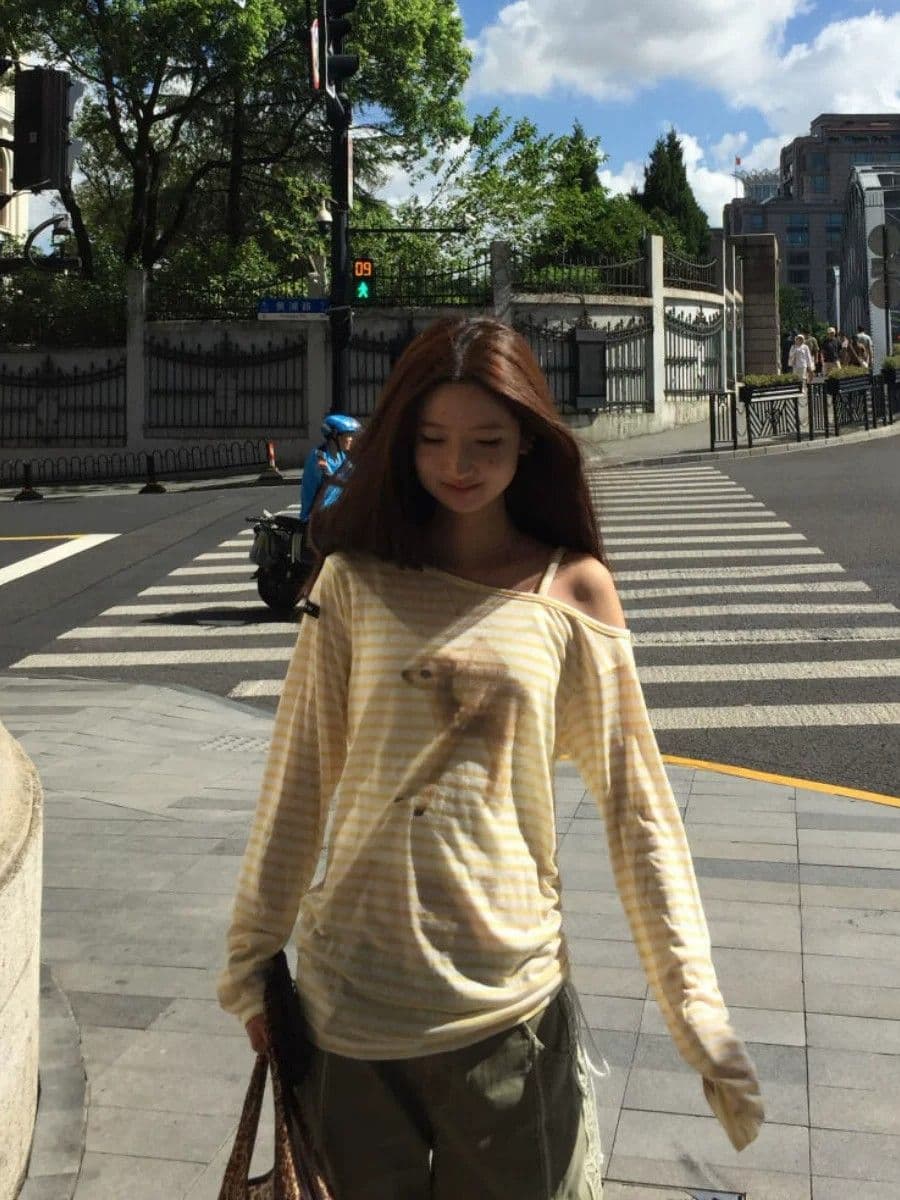 비스듬한 어깨 시카 사슴 프린트 마이크로 ~을 통해 자외선 차단 블라우스 긴팔 티셔츠 상세 이미지 8
