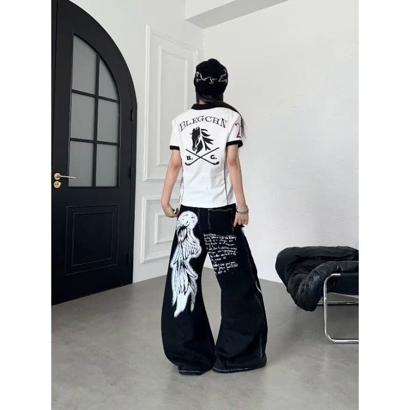 아메리칸 해체 주머니 모통이 칼 바지 남녀 디자인 센스 넓은 다리 루즈핏 다용도 조수 브랜드 바닥 청소 청바지 상세 이미지 4