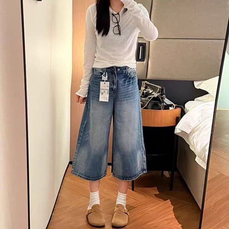 여름 넓은 코드 높음 거리 레트로 워싱 스트레이트 청바지 여성 디자인 센스 루즈핏 도루 센스 하이웨이스트 넓은 다리 7 점 바지