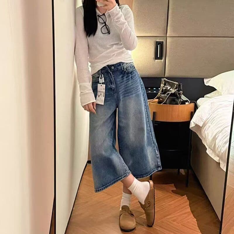 여름 넓은 코드 높음 거리 레트로 워싱 스트레이트 청바지 여성 디자인 센스 루즈핏 도루 센스 하이웨이스트 넓은 다리 7 점 바지 이미지 3