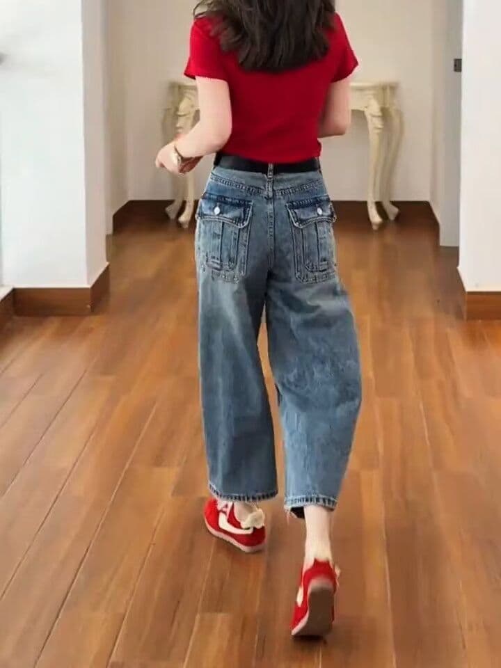 작은 키 넓은 다리 청바지 여성 2026 여름 하이웨이스트 슬림해 보이는 아메리칸 9 포인트 좁은 에디션 루즈핏 스트레이트 팬츠 상세 이미지 4