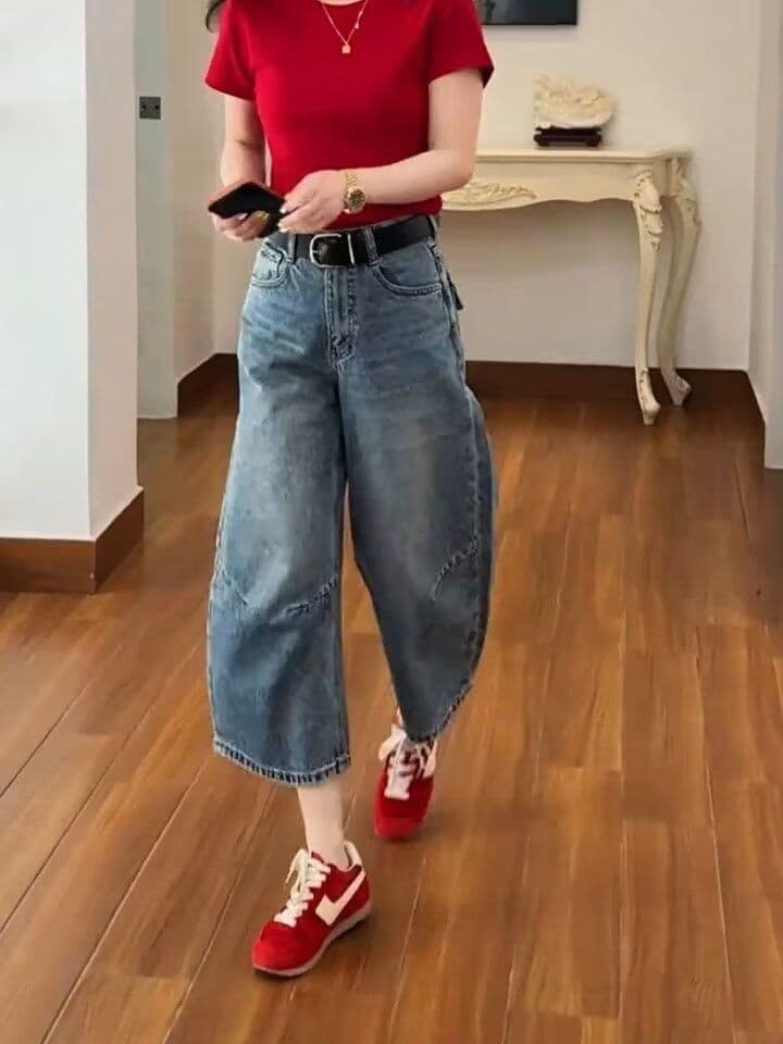 작은 키 넓은 다리 청바지 여성 2026 여름 하이웨이스트 슬림해 보이는 아메리칸 9 포인트 좁은 에디션 루즈핏 스트레이트 팬츠 상세 이미지 12