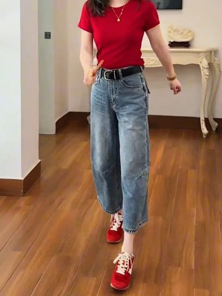 작은 키 넓은 다리 청바지 여성 2026 여름 하이웨이스트 슬림해 보이는 아메리칸 9 포인트 좁은 에디션 루즈핏 스트레이트 팬츠 상세 이미지 14