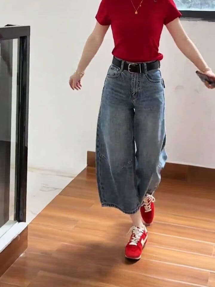 작은 키 넓은 다리 청바지 여성 2026 여름 하이웨이스트 슬림해 보이는 아메리칸 9 포인트 좁은 에디션 루즈핏 스트레이트 팬츠 상세 이미지 15