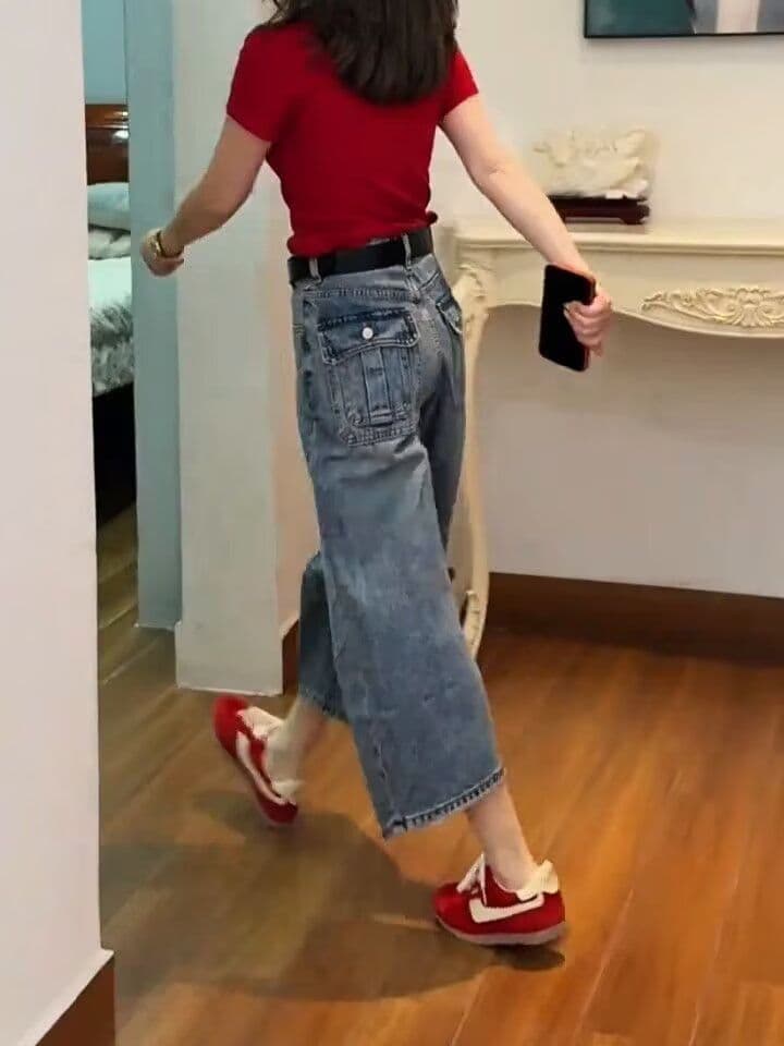 작은 키 넓은 다리 청바지 여성 2026 여름 하이웨이스트 슬림해 보이는 아메리칸 9 포인트 좁은 에디션 루즈핏 스트레이트 팬츠 상세 이미지 17