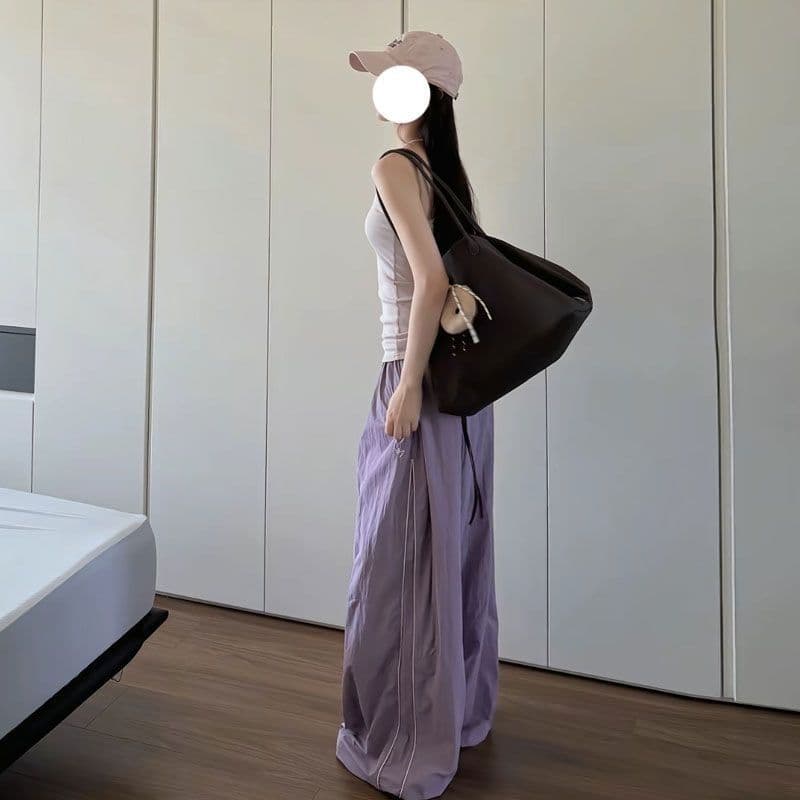 차가운 센스 속도 건조한 ins 아메리칸 레트로 바 기사 캐주얼 바지 여성 여름 루즈핏 도루 센스 향기로운 芋 보라색 넓은 다리 운동 바지 상세 이미지 3