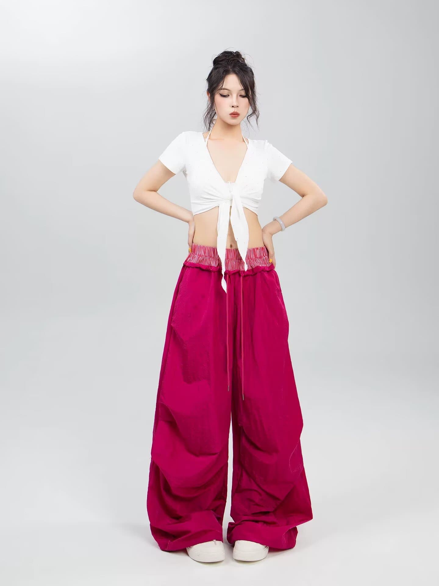 스트리트 댄스 조수 브랜드 높음 거리 레트로 패치워크 더블 허리 머리 긴 바지 천년기 핫걸 주름 루즈핏 낙하산 병 바지 여성 캐주얼 바지 이미지 2
