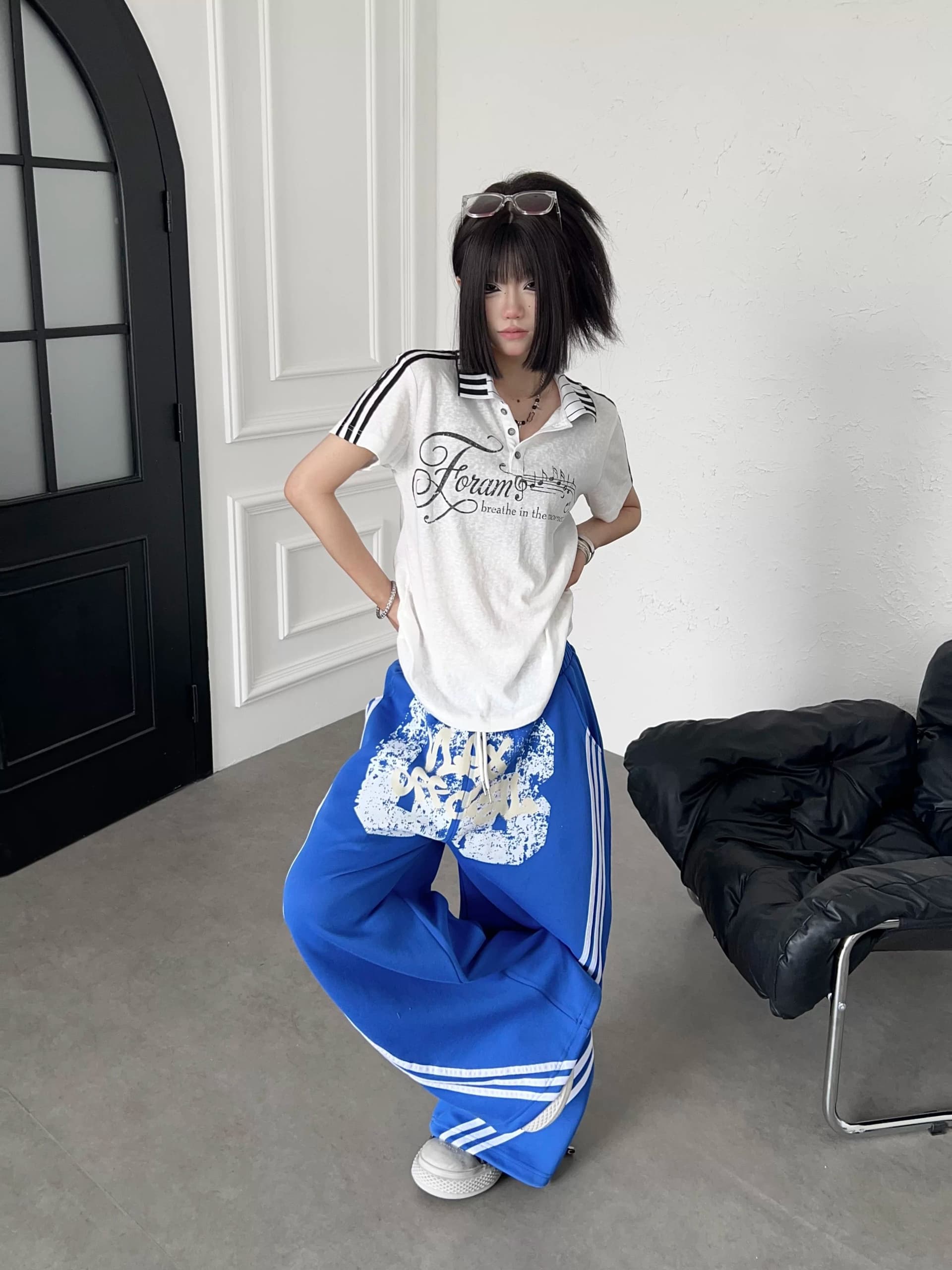 후아 면 복합 우유 실크 아메리칸 낙서 알파벳 측면 3개 바 마 오래된 웨이 바지 루즈핏 넓은 다리 캐주얼 바지 이미지 3