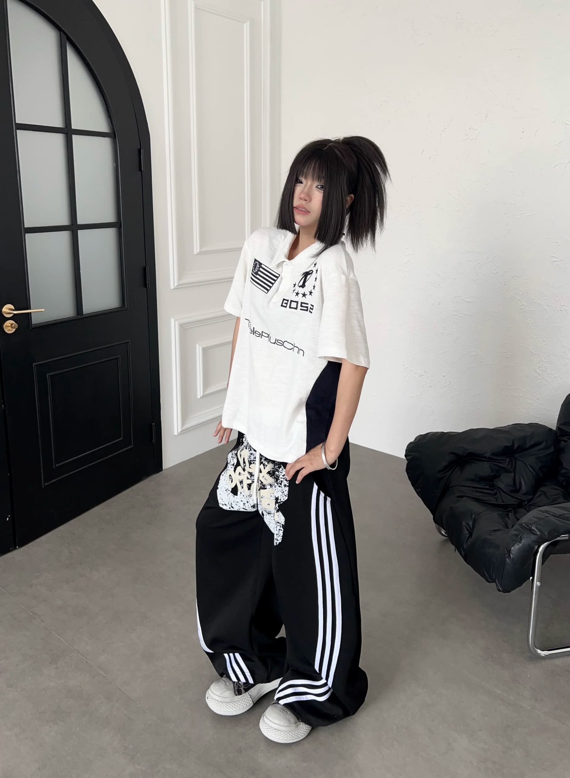 후아 면 복합 우유 실크 아메리칸 낙서 알파벳 측면 3개 바 마 오래된 웨이 바지 루즈핏 넓은 다리 캐주얼 바지 상세 이미지 29