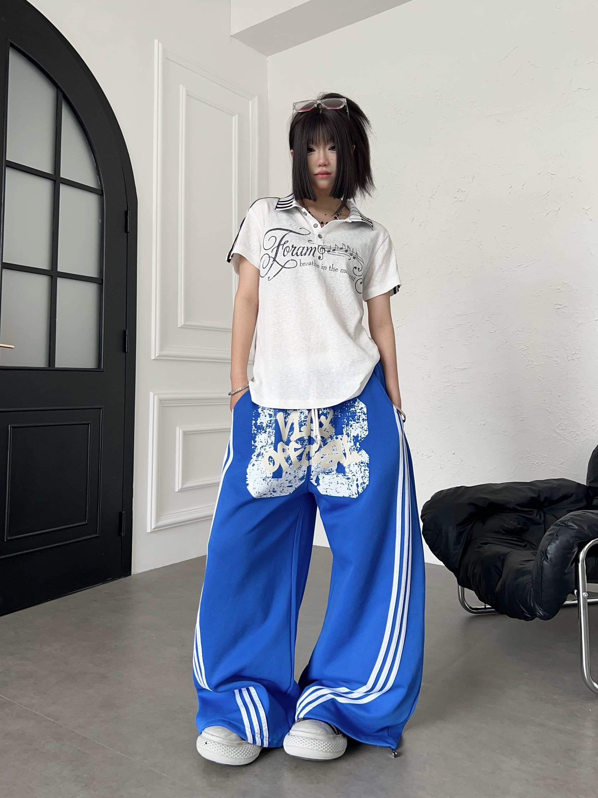 후아 면 복합 우유 실크 아메리칸 낙서 알파벳 측면 3개 바 마 오래된 웨이 바지 루즈핏 넓은 다리 캐주얼 바지 상세 이미지 34