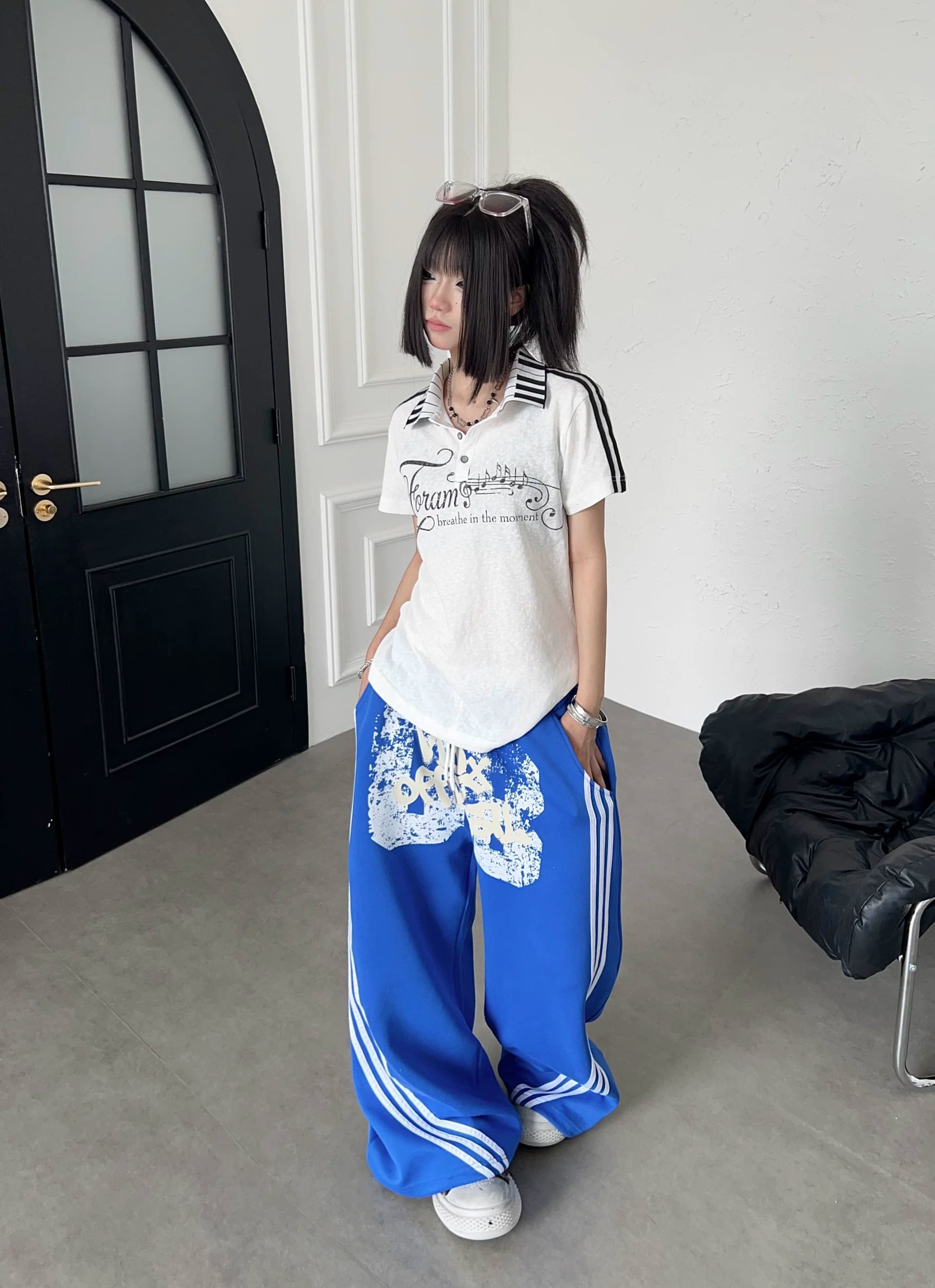 후아 면 복합 우유 실크 아메리칸 낙서 알파벳 측면 3개 바 마 오래된 웨이 바지 루즈핏 넓은 다리 캐주얼 바지 상세 이미지 36