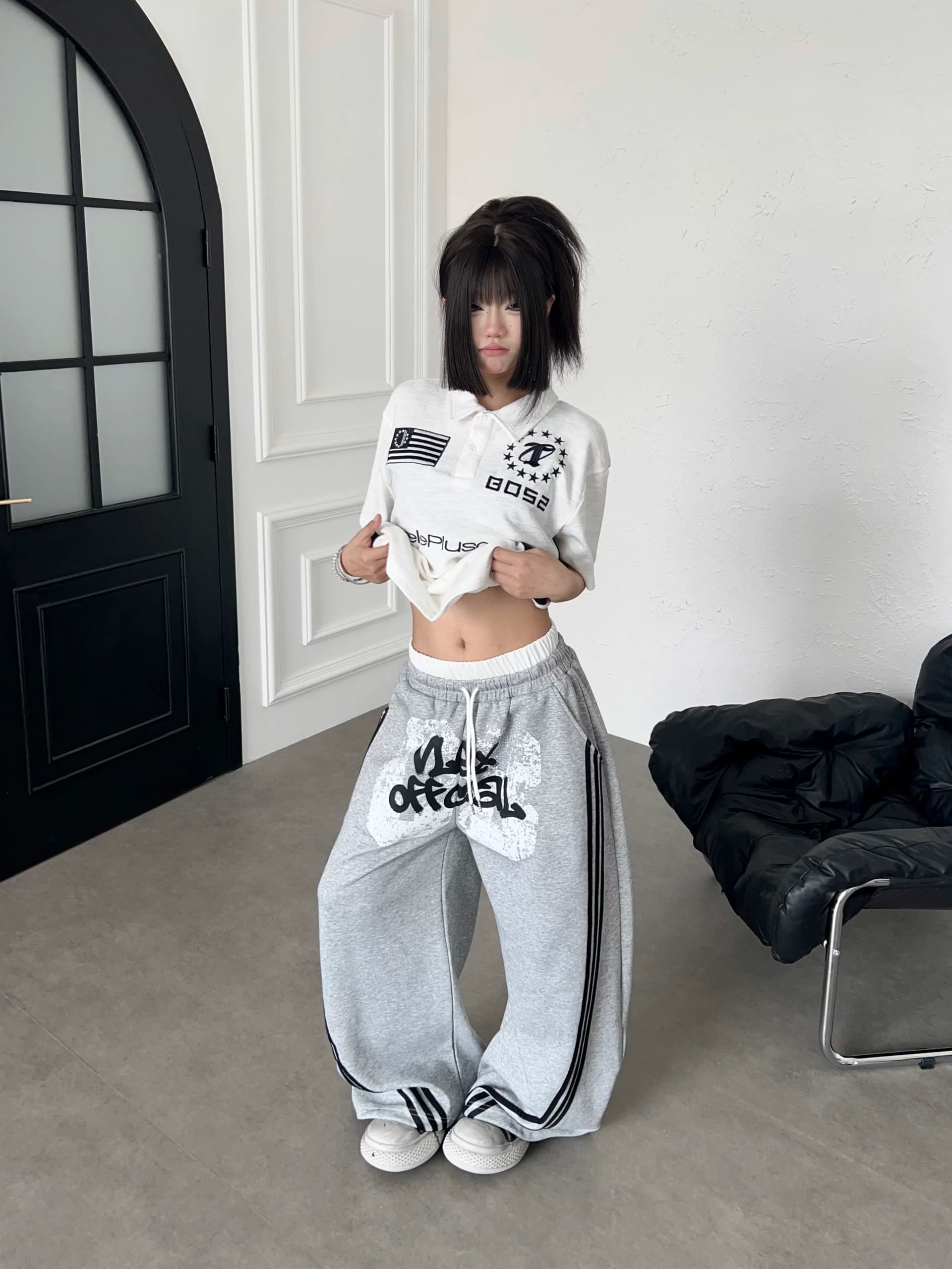 후아 면 복합 우유 실크 아메리칸 낙서 알파벳 측면 3개 바 마 오래된 웨이 바지 루즈핏 넓은 다리 캐주얼 바지 상세 이미지 42
