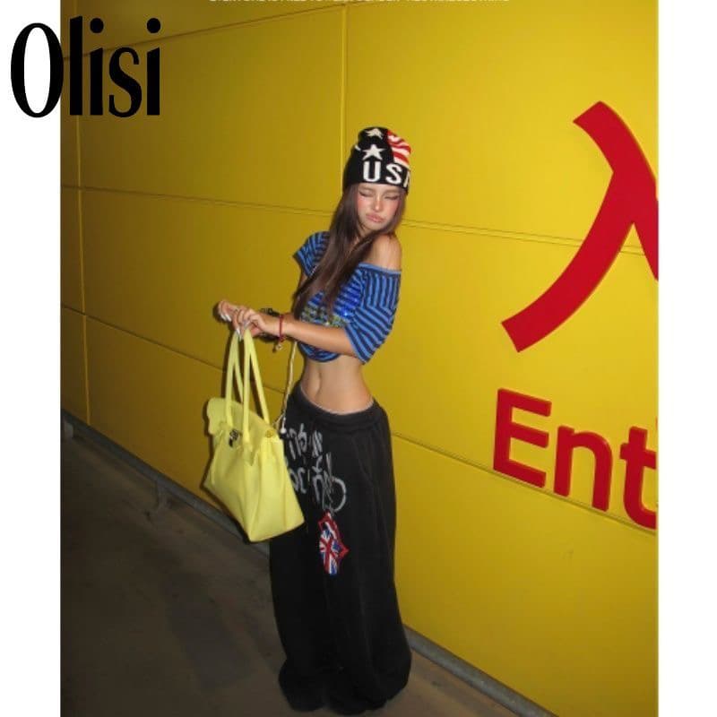 아메리칸 거리 캐주얼 큰 혀 알파벳 프린트 와이드 레깅스 바지 루즈핏 슬림해 보이는 스트레이트 검정색 긴 바지 상세 이미지 5