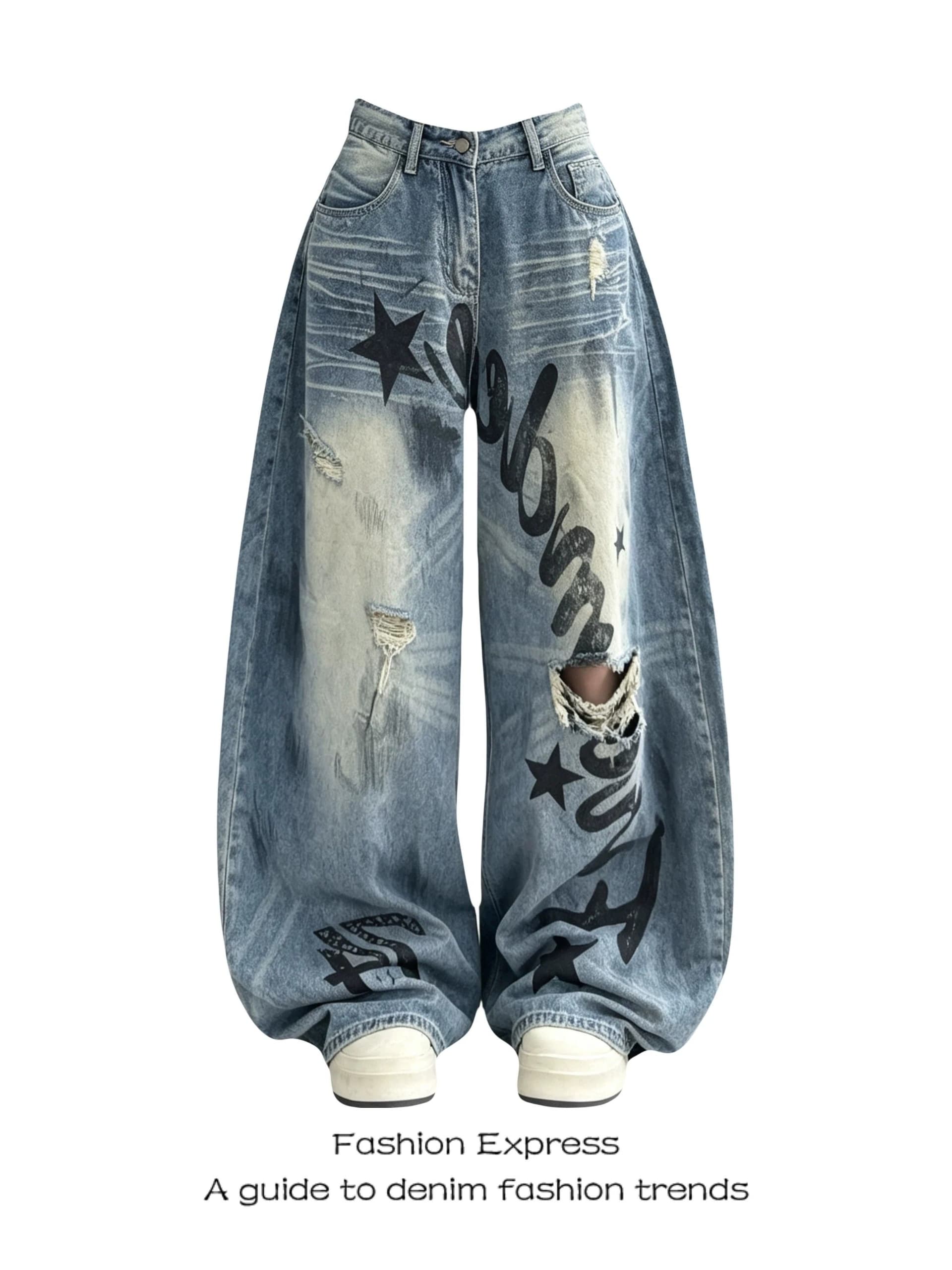 수묵화 낙서 레트로 청바지 여성 새로운 찢어진 부분 디자인 루즈핏 슬림해 보이는 다용도 모통이 칼 바나나 바지 이미지 3